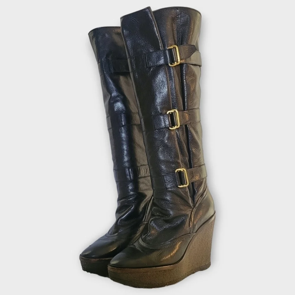 YSL Yves Saint Laurent Tall Black Leather Wedge Boots Vintage 90s Y2K
